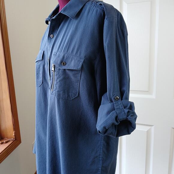 R&R Blue Cotton Button Up Shirt Mens XL long roll tab sleeves jacquard stripes - Picture 3 of 15